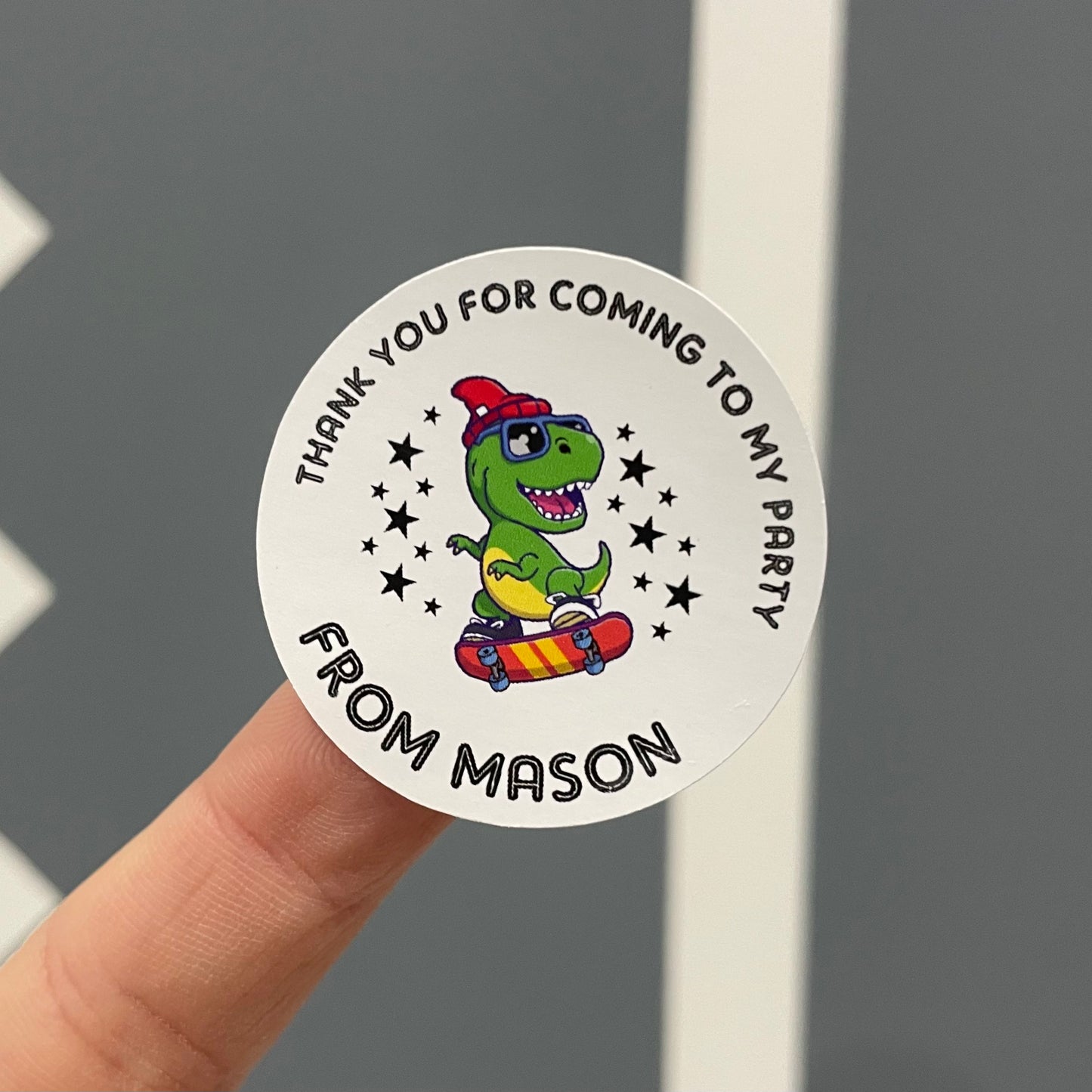 Skate Boarding Dinosaur - Party Stickers - Thank You