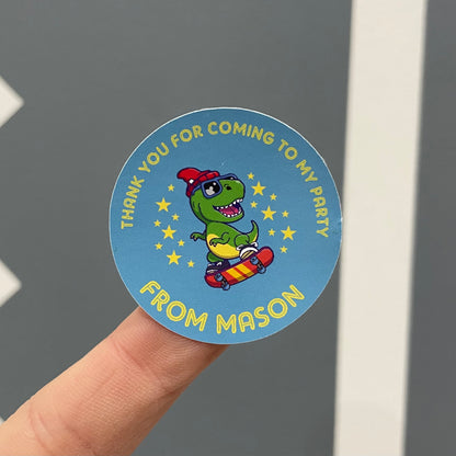 Skate Boarding Dinosaur - Party Stickers - Thank You