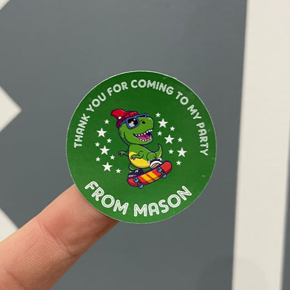 Skate Boarding Dinosaur - Party Stickers - Thank You